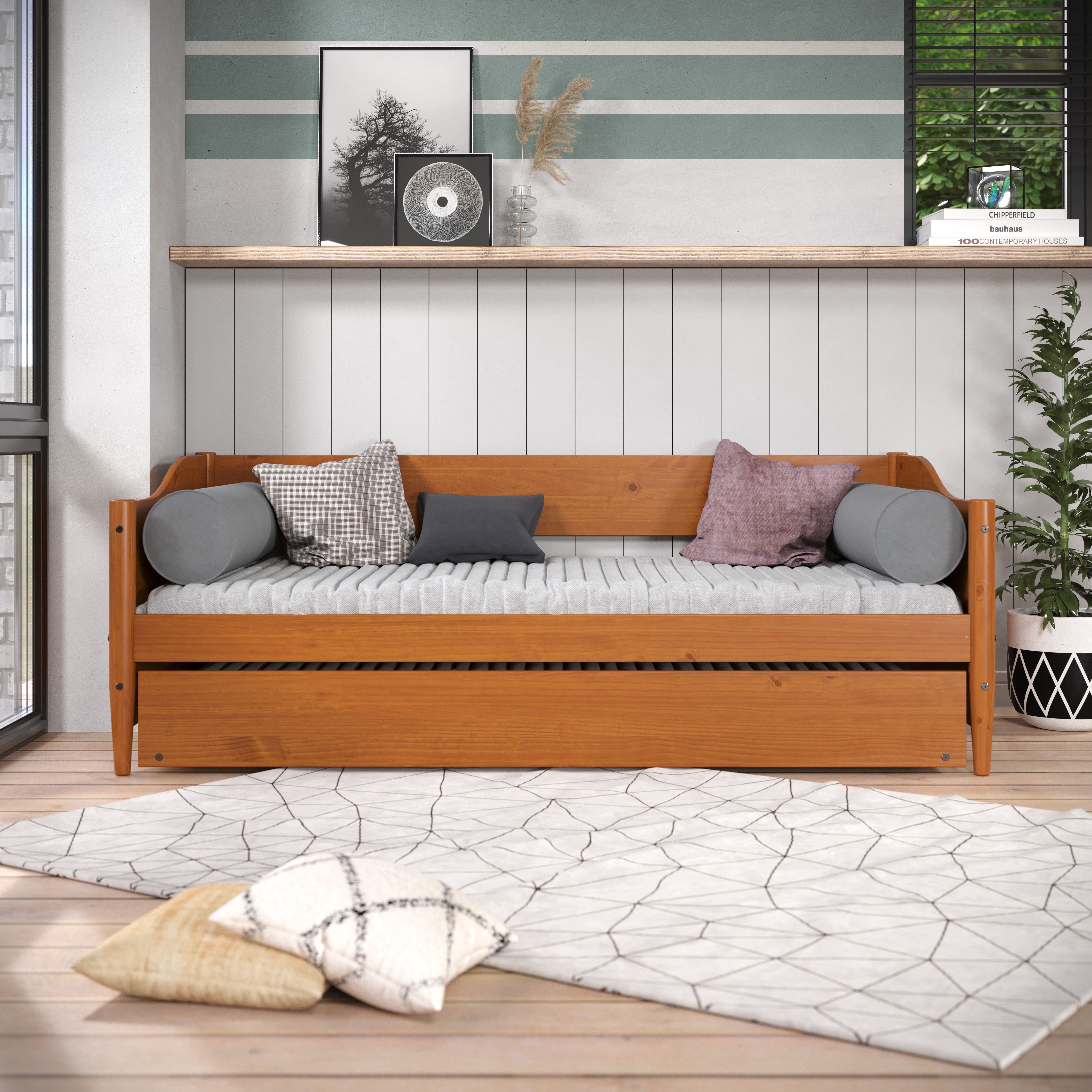 Mid Century Classic Twin Day Bed with Trundle - Castanho Finish